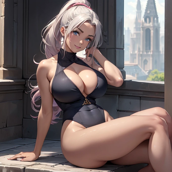 (absurdres, best high quality image, carefuly detailed features and textures, very detailed image, solo character alone, full character view): {{(1character: 43 years old human noble woman milf), ((african black skin), (blue eyes), (grey eyebrows), (beautiful features, absolute beauty), (pink lips), (grey long hair tied in a high ponytail), (voluptuous figure, big breasts, beautiful arms, beautiful legs)), ((pale grey one-piece swimsuit)), (sweet shy expression, shy smile, shy position), (bronze palace terrace)}}