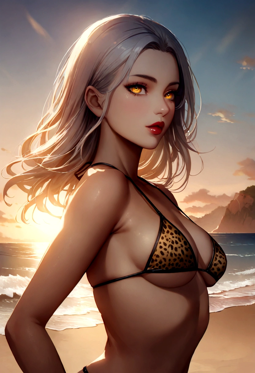 Realistic、1 girl、Sexy Swimwear、Thong Bikini、high school girl、Perfect limbodel、Sunburned skin、Cheetah-like、Beautiful detailed eyes、Beautiful detailed lips、Very detailed顔と目、Long eyelashes、elegant、Confident、Seductive Pose、At the Beach、Beach Background、Sun light、Golden Hour、Bright colors、Dramatic lighting、Cinematic、Very detailed、8K、High resolution