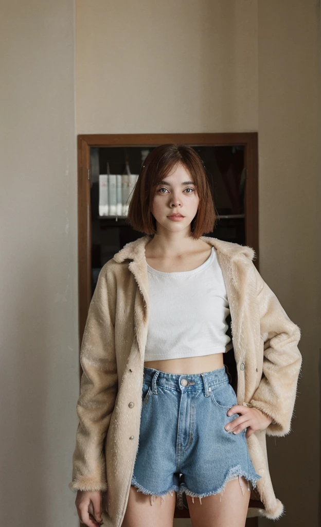 Dark light, darkness ,Dark light,Shooting on Nikon D750 (photo and gross), DSLR,F/1.8, 1 girl, 20 year old woman in fur coat and denim shorts. , standing ,Butterscotch, Haircut ,(look at the viewer:0.1), (real fur:1.1), ((tanned skin)), (detailed skin), Awesome, perky , depth of field, sharp focus, high quality, average,neck ruff