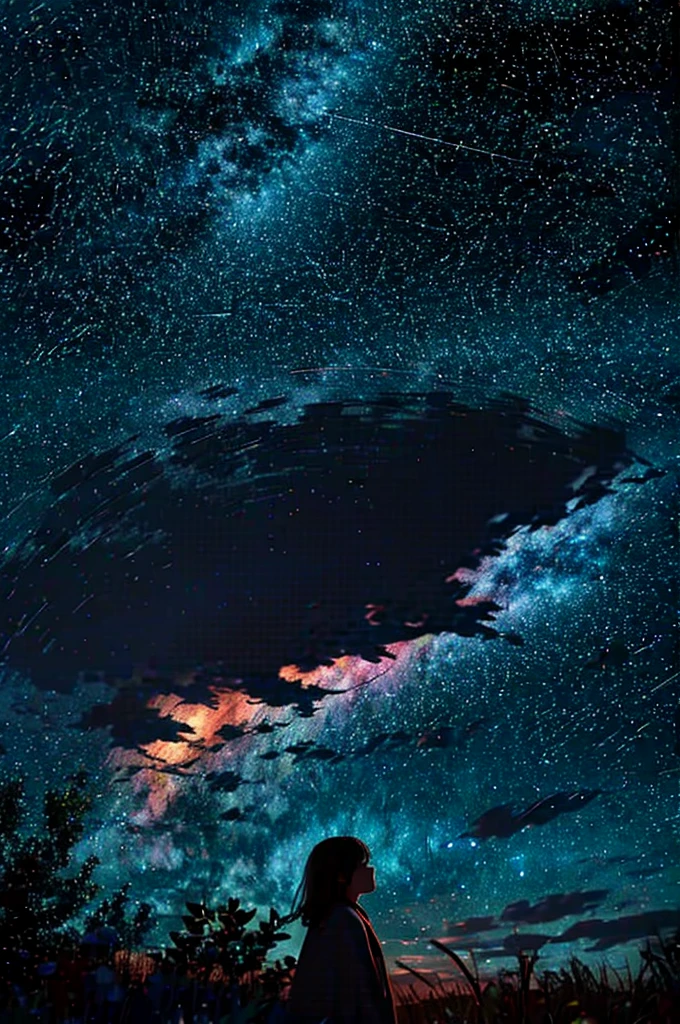 A starry sky,Meteors,8k,Beautiful night sky,Girl looking up at the sky,Long Shot,Wide Shot