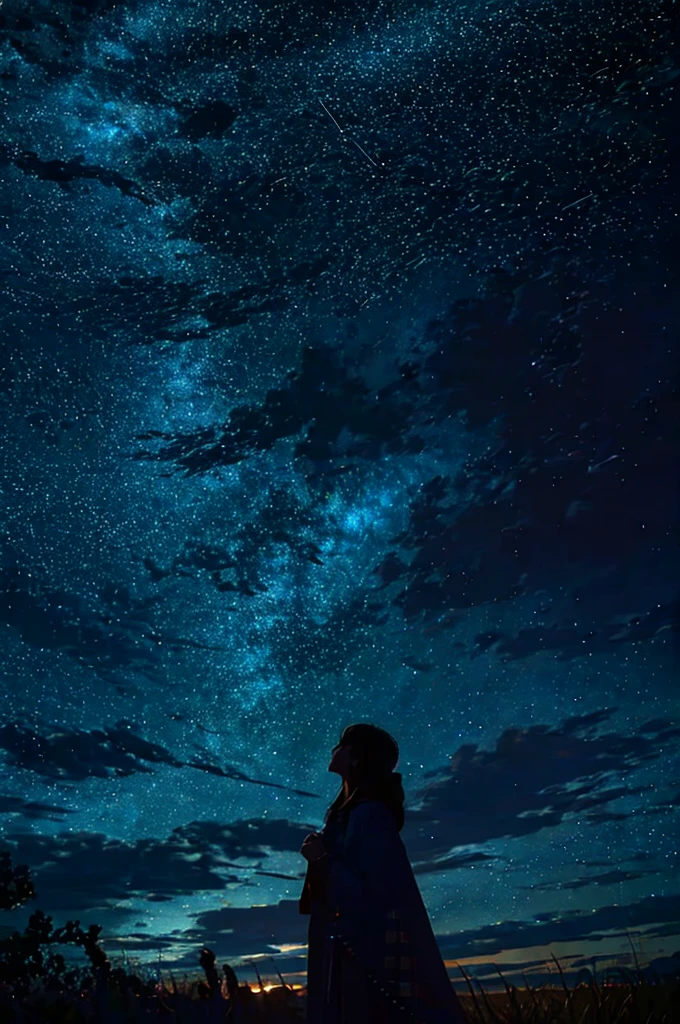 A starry sky,Meteors,8k,Beautiful night sky,Girl looking up at the sky,Long Shot,Wide Shot