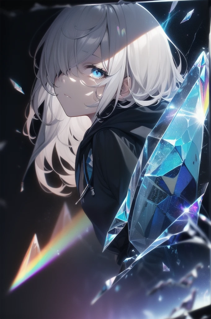 4k,Absurdres,Best quality,Masterpiece,Detailed illustration,Destructive art,Opulent,Insanely detailed,Ultra-highres,Ultra-detailed,Ultra detailed eyes,Ray Tracing,Illustrated,Reflected Light,(Dynamic angle:1.5),(Prism:1.5),1girl,Solo,(Hood up:1.5),(Hooded:1.5),(Black jacket:1.5),(Blue eyes:1.5),(Gauze on face:1.5),(Long sideburns:1.5),(Medium hair:1.5),(Gray hair:1.5),(Hair over one eye:1.5),(Full body:1.5),(Breaking glass background:1.5),(Dark theme:1.5),(Looking at viewer:1.5),(Backlight:1.5),(Anime wallpaper:1.5)