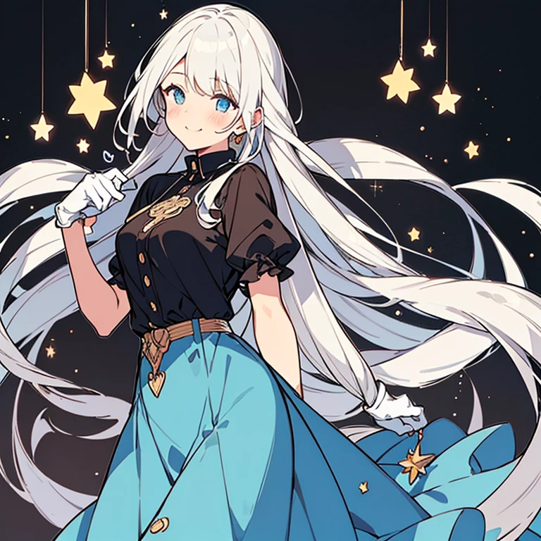 1girl,white hairbl, long white hair, blue skirt with stars, black ribbon, blue eyes,blush , gloves, Fleet style, bright eyes, medium body weight, very big eyes, detailed, mature, sensitive, hearts , white stars, European cities background, looking away, night, beautiful night city view, masterpiece, best quality, wallpaper,ancient European buildings, 20th century style, dark background, midnight, sexy, big smile, looks away