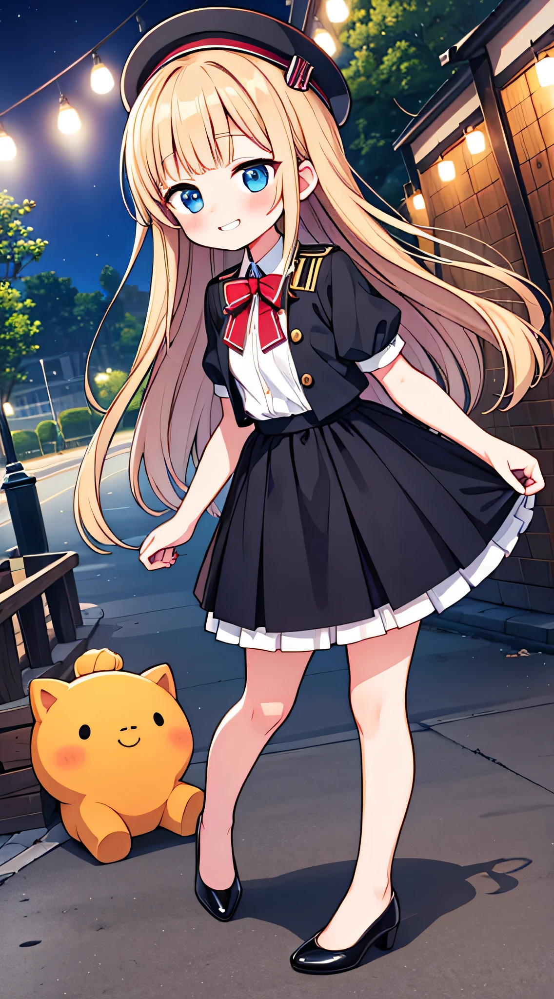{Highest quality}, {Super beautiful},{Ultra fine},{Best illustration},Brown Hair,Hime cut,semi-long,Bangs,Standing Woman,Uniform cap,White Shirt,Short sleeve,Long black skirt,Night Park,Embarrassed,smilingly,Blushing,Slender women, A woman wearing plain black pumps,Bare feet and pumps,From an angle,From above