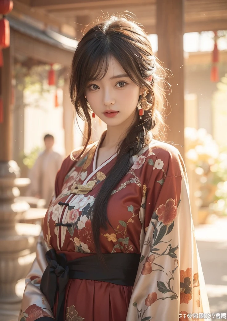 Beautiful Japanese Waifu, brunette hair, traditional chinese silk dress, red white black, in a chinese court yard