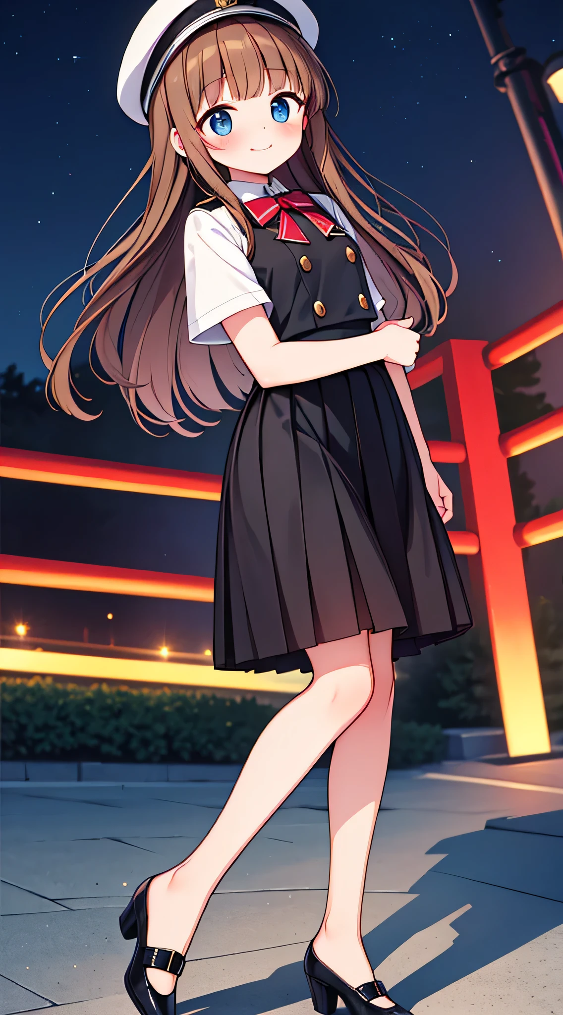 {Highest quality}, {Super beautiful},{Ultra fine},{Best illustration},Brown Hair,Hime cut,semi-long,Bangs,Standing Woman,Uniform cap,White Shirt,Short sleeve,Long black skirt,Night Park,Embarrassed,smilingly,Blushing,Slender women, A woman wearing plain black pumps,Bare feet and pumps,From an angle,From above