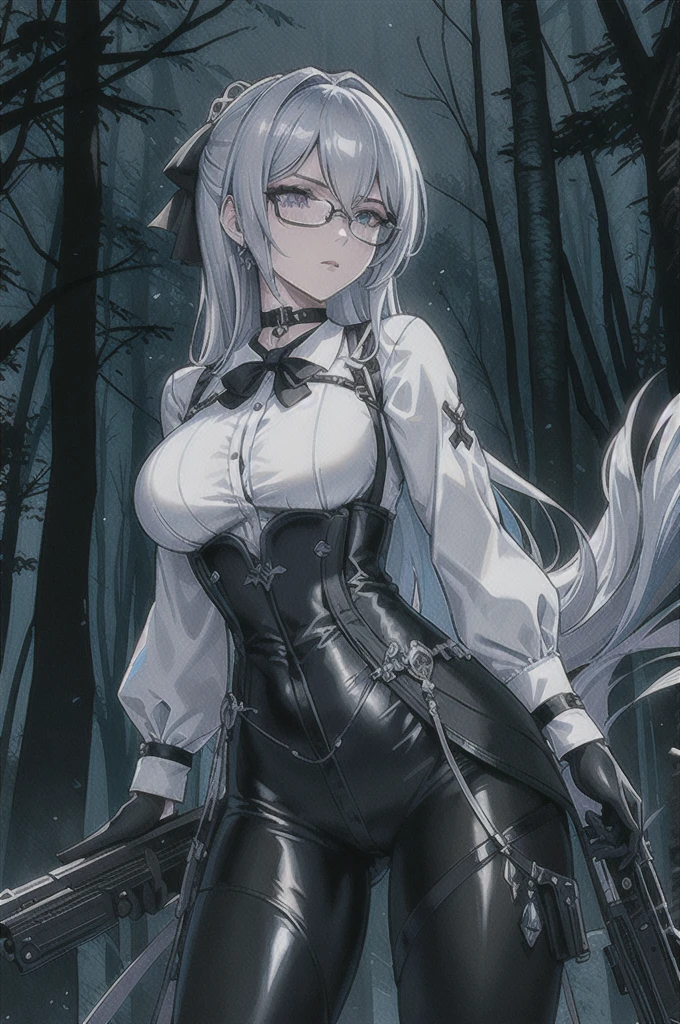 Masterpiece, Beautiful art, professional artist, 8k, art style by sciamano240, rostro de Bronya Zaychik, detailed body, Very detailed face, very detailed eyes, Detailed clothing, detailed fabric, Best Quality, better resolution, 1 girl, front view, big breasts, serious expression, at night , silver hair, glasses, choker:1.6, (long sleeve white collar buttoned shirt), (shiny black corset), black gloves covering your hands, holding a gun in hand, (shiny black leggings), looking at the viewer, dark forest, Atmosphere, fog, at night