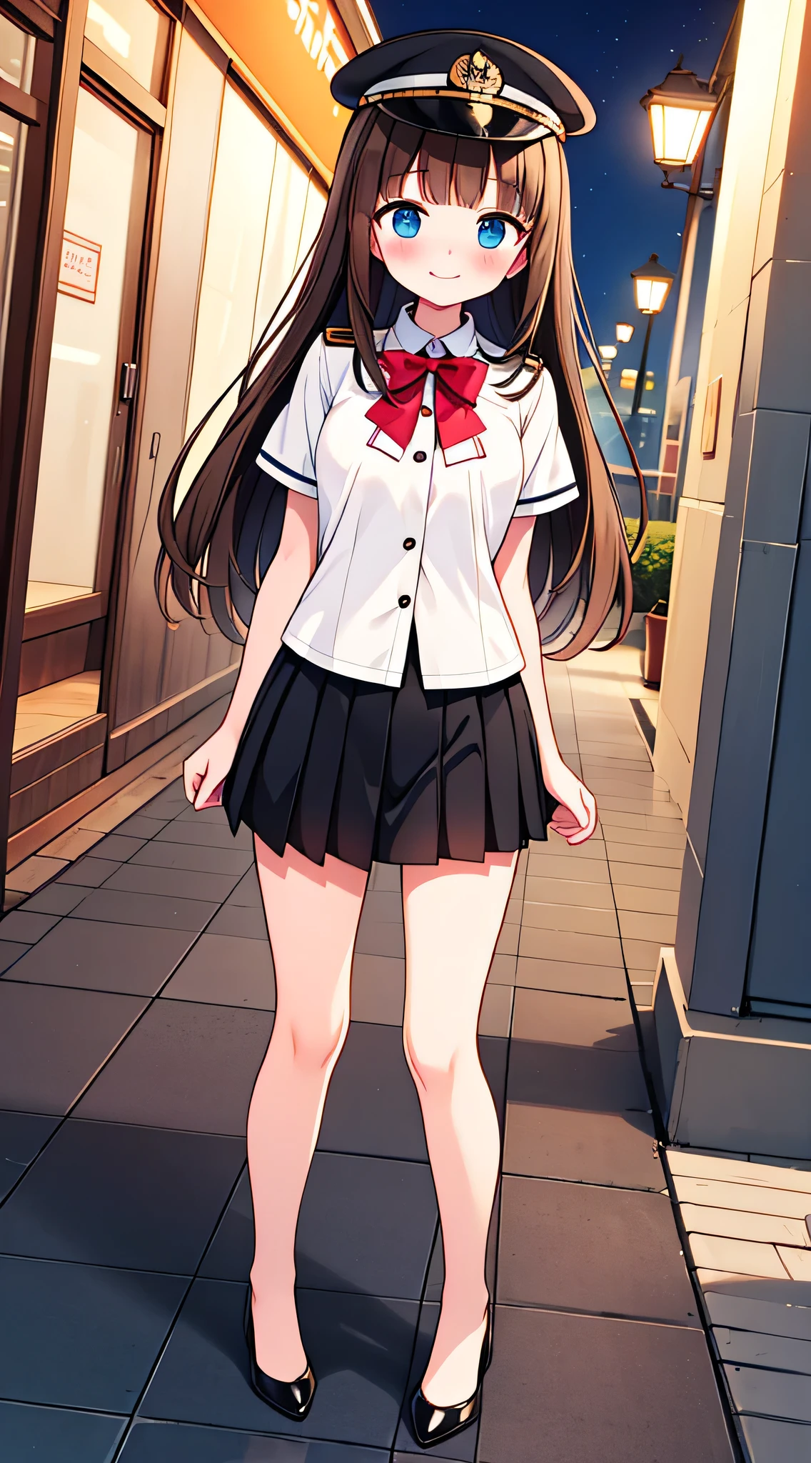 {Highest quality}, {Super beautiful},{Ultra fine},{Best illustration},Brown Hair,Hime cut,semi-long,Bangs,Standing Woman,Uniform cap,White Shirt,Short sleeve,Long black skirt,Night Park,Embarrassed,smilingly,Blushing,Slender women, A woman wearing plain black pumps,Bare feet and pumps,From an angle,From above