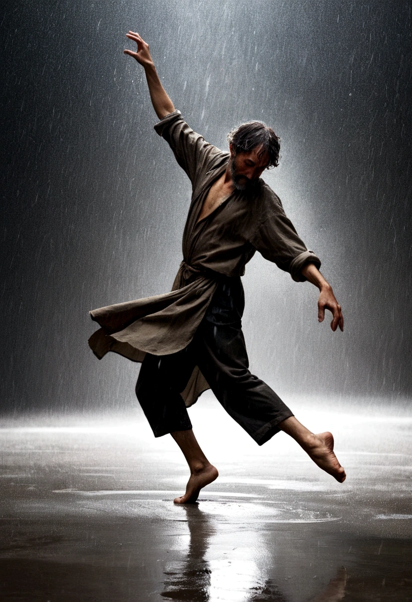 Soul Dancer Mark,A homeless man dancing alone in the rain, souls,Barefoot,Loose and worn clothes,Professional ballet movements,Fingertips 1 butterfly,Very contagious,Splash,Light and Shadow,Minimalism,artistic conception,Clean background