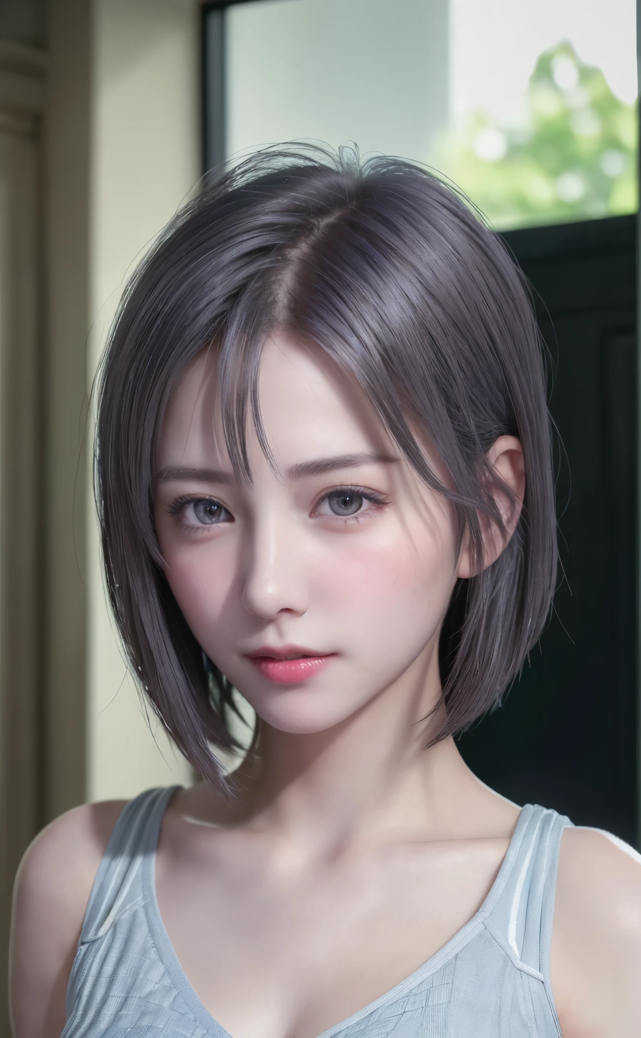 (8K, Photorealistic, Raw photo, of the highest quality: 1.3), (1girl in), Super beautiful, (Realistic face), (boyish, Silver Color Berry Shorthair), Beautiful , Glare that captivates the viewer, Beautiful expression, Beautiful breasts, (Realistic skin), Be...