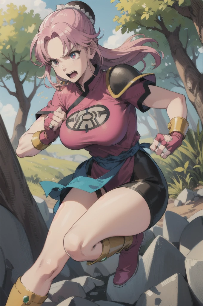 maam,big breasts,beautifuleyes,narrow waist,realistic,solo,outdoor,forest, martialMaam,pink hair,hair bun,long hair,china dress,short sleeves,sash,fingerless gloves,beautiful legs, clenched fists, (action pose,:1.1), (masterpiece, best quality:1.1), (open mouth, clenched fist, action pose,:1.1), fight the Goblins, maam, dragon quest,