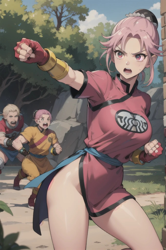 maam,,beautifuleyes,narrow waist,realistic,solo,outdoor,forest, martialMaam,pink hair,hair bun,long hair,china dress,short sleeves,sash,fingerless gloves,beautiful legs, clenched fists, (action pose,:1.1), (masterpiece, best quality:1.1), (open mouth, clenched fist, action pose,:1.1), fight the Goblins, maam, dragon quest,