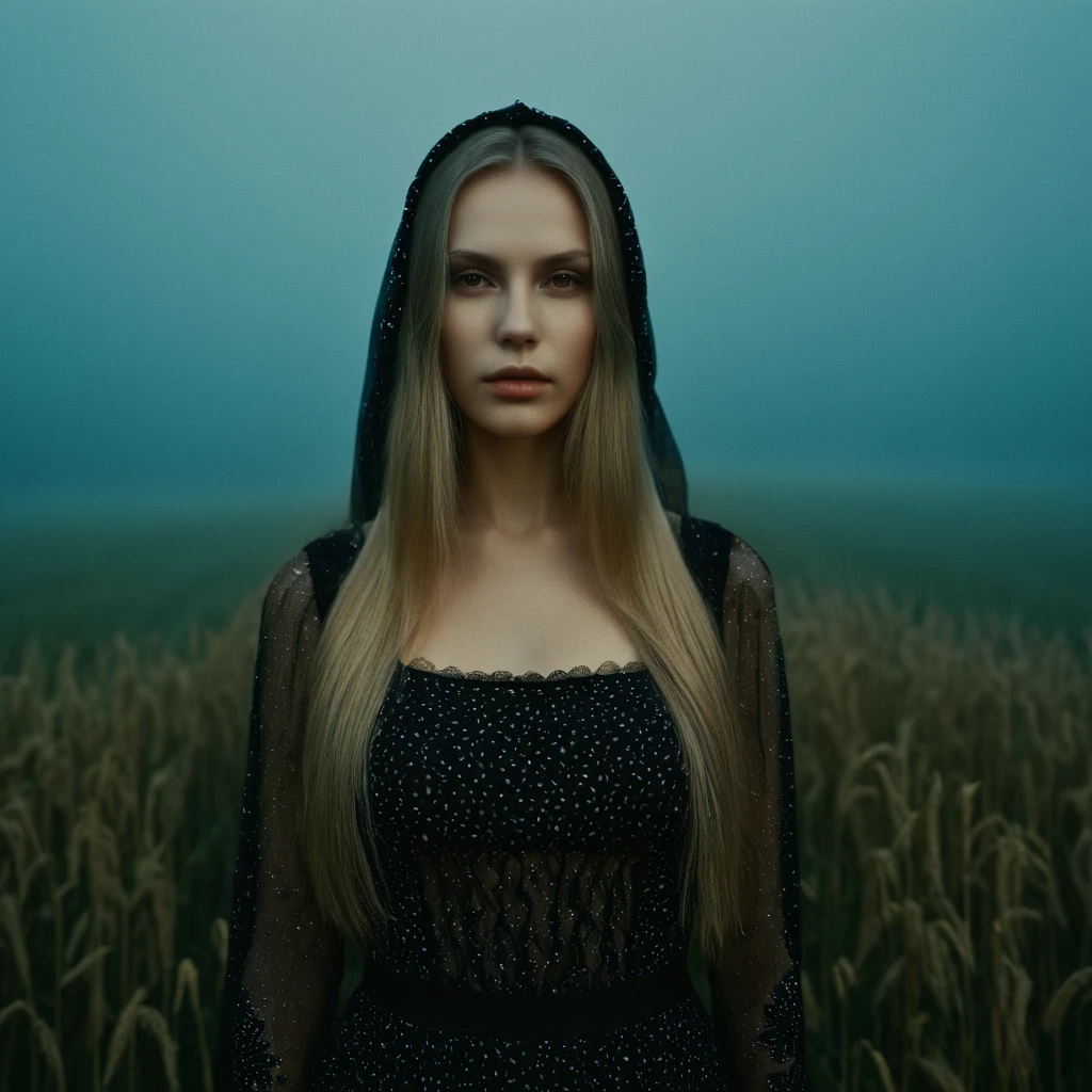 "memories are the water of life" (Misterious mood Soft Lighting Photography), stunning medium format analog photo, TWbabeXL01 beautiful (woman), A beautiful ((evil slavic woman)), pale skin, long dark blond hair, dynamic model pose, over the shoulde wide view, black over black background, highly detailed, detailed realistic photography, masterpiece half-body photo, finely detailed skin, emotional, professional color grading, epiCPhoto, OverallDetailXL analog grain, Fujifilm Astia, low contrast, OverallDetailXL, dark fantasy, photo dress that has the patterns of burning fire, standing in a foggy field, liminal lighting, dslr, detailed quality, face covered by dark veil