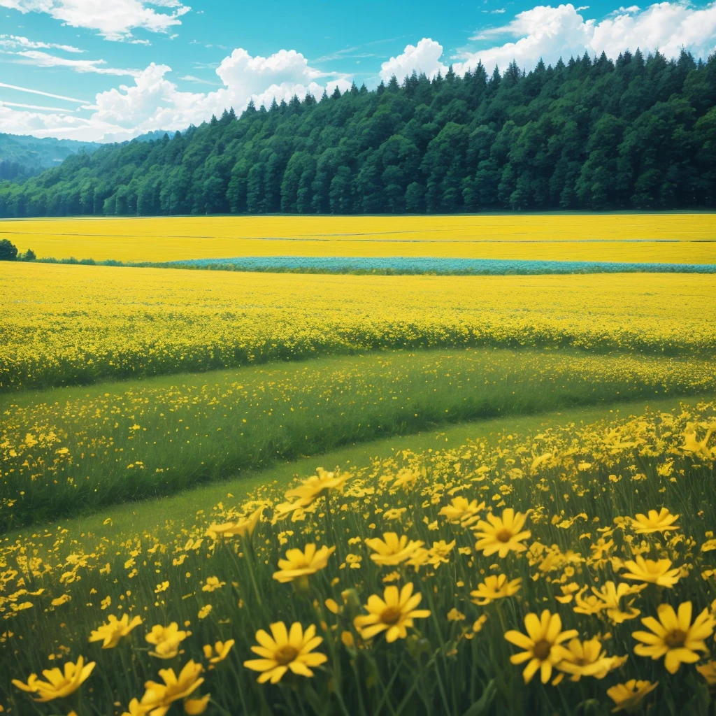 grassland、Flower Field、it's raining、Cloudy、horizon,there is nothing