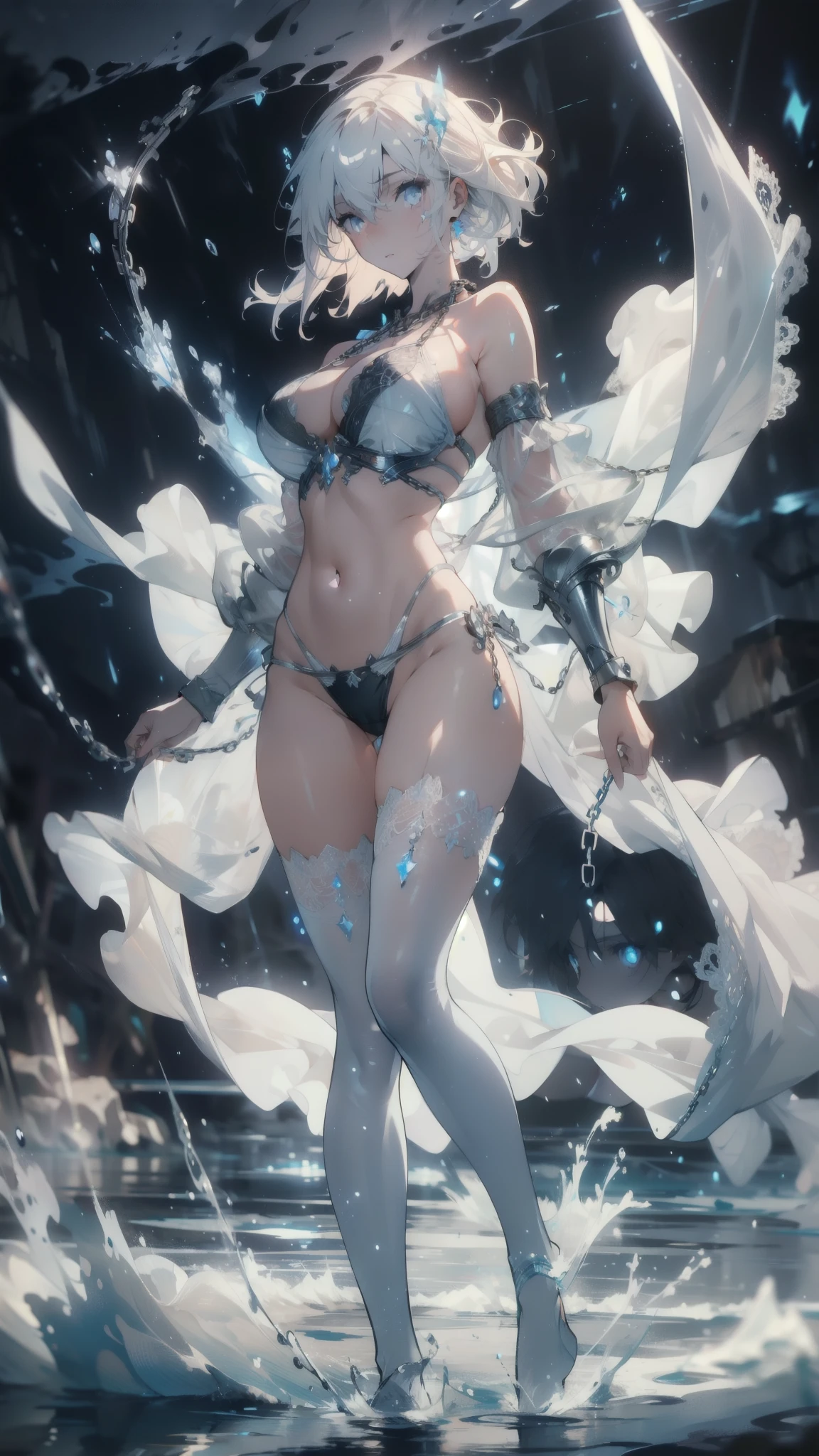 ((masterpiece, best quality)), Epic battlefield atmosphere,Delicate face,soul,whole body,Standing picture,glowing white eyes,Large Breasts,Perfect body proportions,Pure white background,firefly,Water Ripples,Lace,Transparent sex bikini,chain