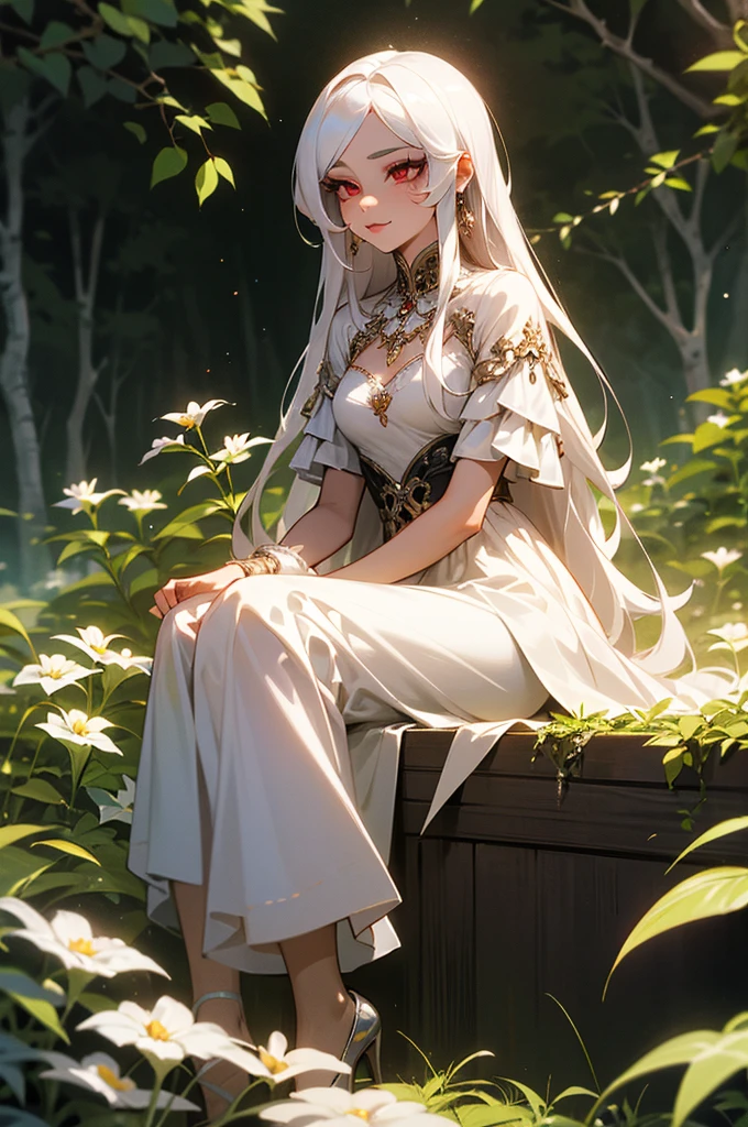 An adult woman with white eyelashes, Red eyes, long white hair, She is covered in jewels and a white dress, is beautiful, she is sitting in a garden 