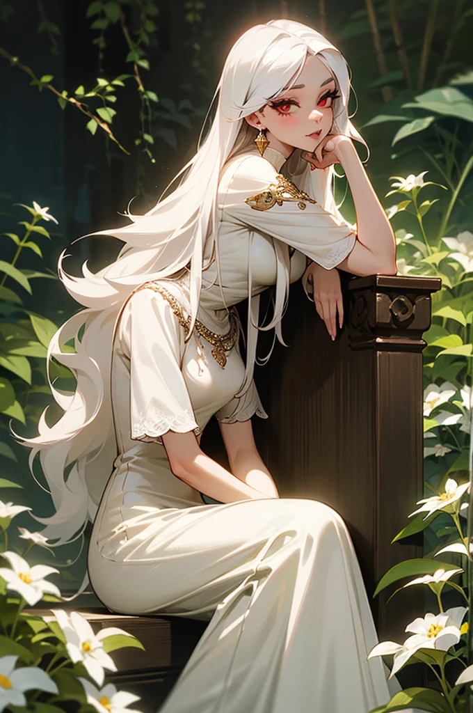 An adult woman with white eyelashes, Red eyes, long white hair, She is covered in jewels and a white dress, is beautiful, she is sitting in a garden