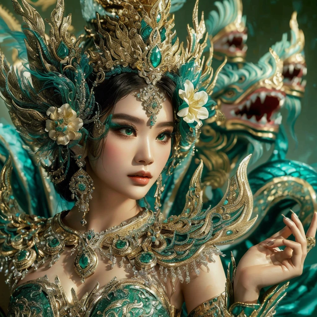 Portrait, extremely detailed facial close-up, inspired by the legends of ancient Asian goddesses, shot from the waist up. The goddess's face is a blend of modern beauty, combining the most prominent features of Thai, Korean, Hong Kong and Chinese movie stars. She has a stunningly beautiful face with strong, defined features and sharp eyes that shine with supernatural power, able to see through the human heart, captivating the viewer. Her eyes are somewhat cold, but exude a strong inner spirit. Long, flowing black hair falls down her back, intertwined with sparkling dragon scales, adding a mysterious touch to her appearance. ((The girl's chest is covered under the armor)).
The majestic dragon horns elegantly protrude from her forehead, curved and shiny, further emphasizing her divine nature. Her skin is smooth and radiant, with a delicate texture reminiscent of dragon scales, hinting at her supernatural origins. She wears an elaborate gold necklace adorned with glowing gemstones, each emitting a soft, ethereal glow. In her hand, the goddess holds an ancient, mystical weapon – perhaps a staff or a staff – that radiates mythical energy and power.

The goddess stands tall and majestic, a towering figure of divine presence and supreme power. Her posture exudes grace, confidence, and unwavering strength, dominating the entire frame. Behind her, the backdrop shows a stormy seascape with huge waves crashing violently, the sky dark and ominous, filled with swirling storm clouds and flashes of lightning. The entire scene conveys a sense of her monumental scale and divine power.
Rendered in a surreal digital art style with dramatic lighting, the image adds to the intense atmosphere and highlights her divine appearance. The contrast between the goddess' calm, serene demeanor and the chaotic elements around her emphasizes her mastery over nature and her majestic presence.