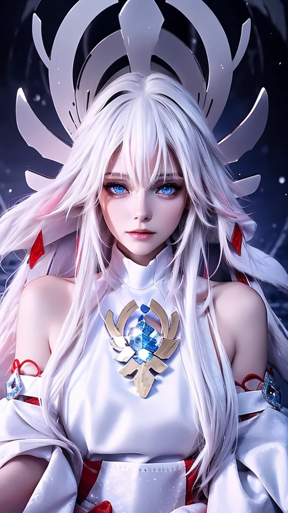 Best quality, cinematic image, detailed image, fantasy, detailed face, detailed beautiful blue eyes, ice goddess, Queen of Winter, horns, Throne room, everything is in ice, Very long white hair, bodycon white dress, Beautiful woman, high, cold look 