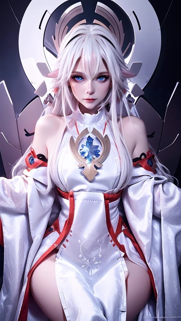 Best quality, cinematic image, detailed image, fantasy, detailed face, detailed beautiful blue eyes, ice goddess, Queen of Winter, horns, Throne room, everything is in ice, Very long white hair, bodycon white dress, Beautiful woman, high, cold look