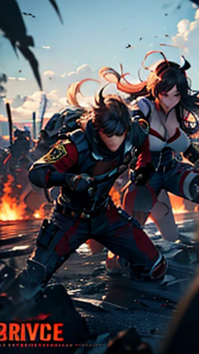 anime, personality: Shift to a high-octane action sequence as the characters engage in a fierce battle against a horde of menacing creatures. The fast-paced combat unfolds with dynamic camera angles and fluid movements, capturing the intensity of the confrontation. Close-up shots of the characters' determined faces and agile fighting style convey their unwavering commitment to protecting each other and overcoming the odds. unreal engine, hyper real