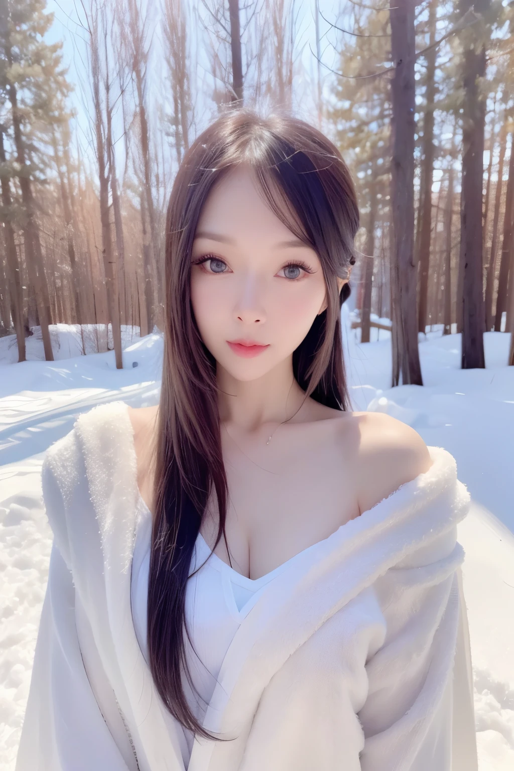 A portrait of a girl,upper body,in an Eastern artistic style,exuding allure,girl,(Eastern art),alluring appearance,expressive eyes,subtle background,bright environment,chinese style,typing art background,realist style,reality,photo,skin texture,dermatoglyphy,full body,snowscape,