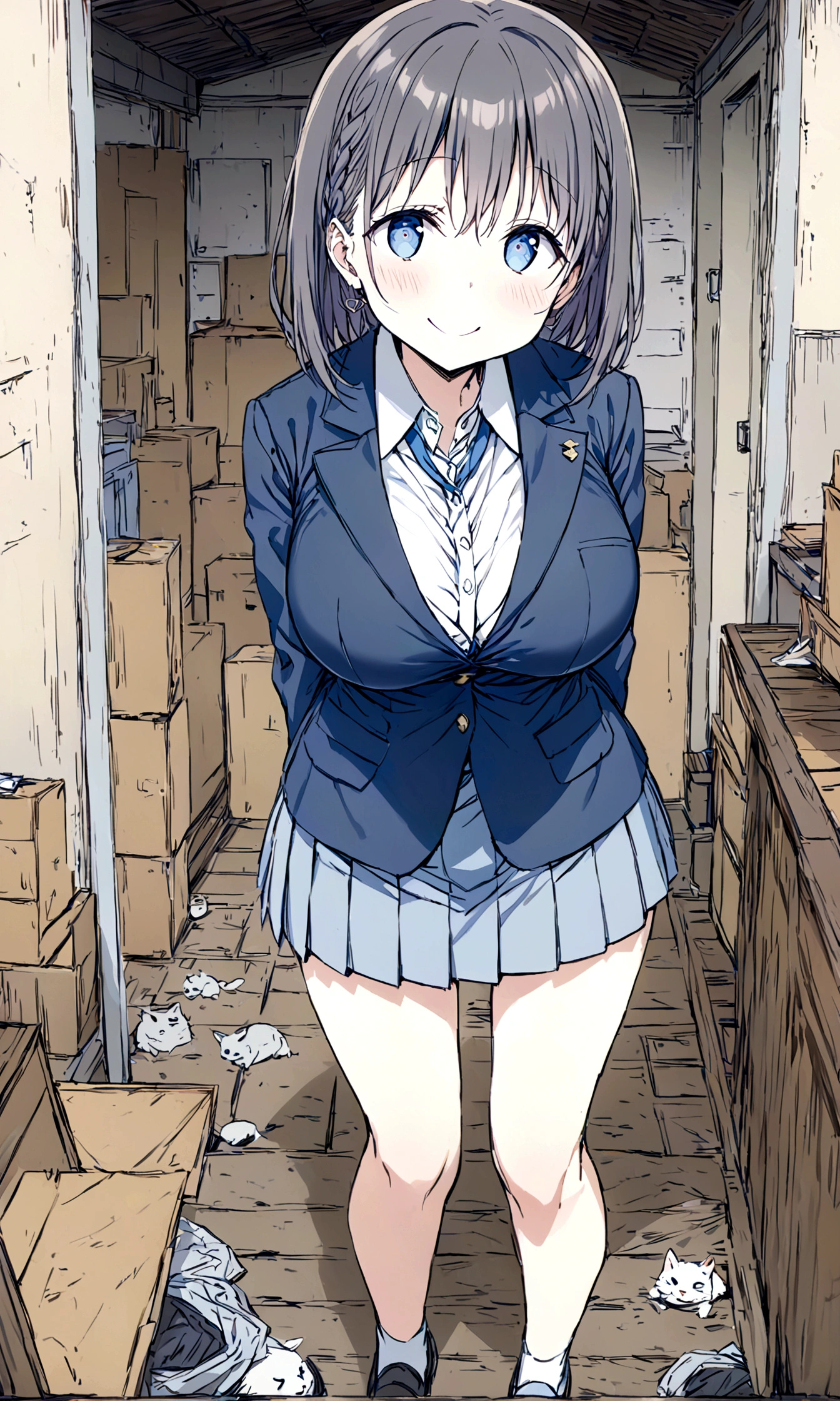 Tawawa on Monday,Ai-chan,Big Breasts,Blue Blazer,high school girl,whole body,smile,blush,Garbage house,hentai,finely detailed beautiful face,high quality,アニメ,beautiful,High resolution,アニメ color,{{{{8K_wallpaper}}}},{{{masterpiece}}},{{{{extremely detailed eyes}}}},{{{{extremely detailed body}}}},{{{{extremely detailed finger}}}}