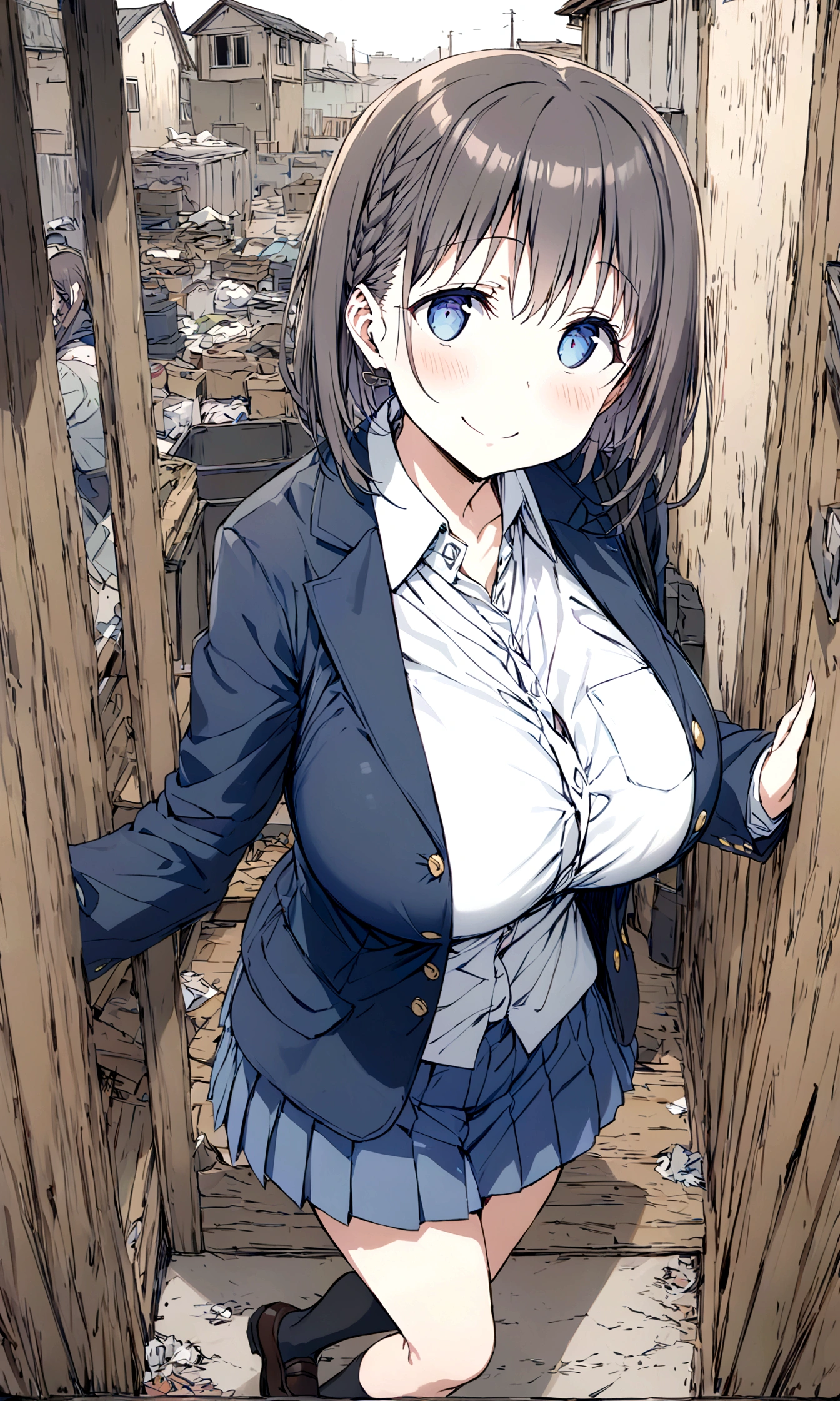 Tawawa on Monday,Ai-chan,Big Breasts,Blue Blazer,high school girl,whole body,smile,blush,Garbage house,hentai,finely detailed beautiful face,high quality,アニメ,beautiful,High resolution,アニメ color,{{{{8K_wallpaper}}}},{{{masterpiece}}},{{{{extremely detailed eyes}}}},{{{{extremely detailed body}}}},{{{{extremely detailed finger}}}}