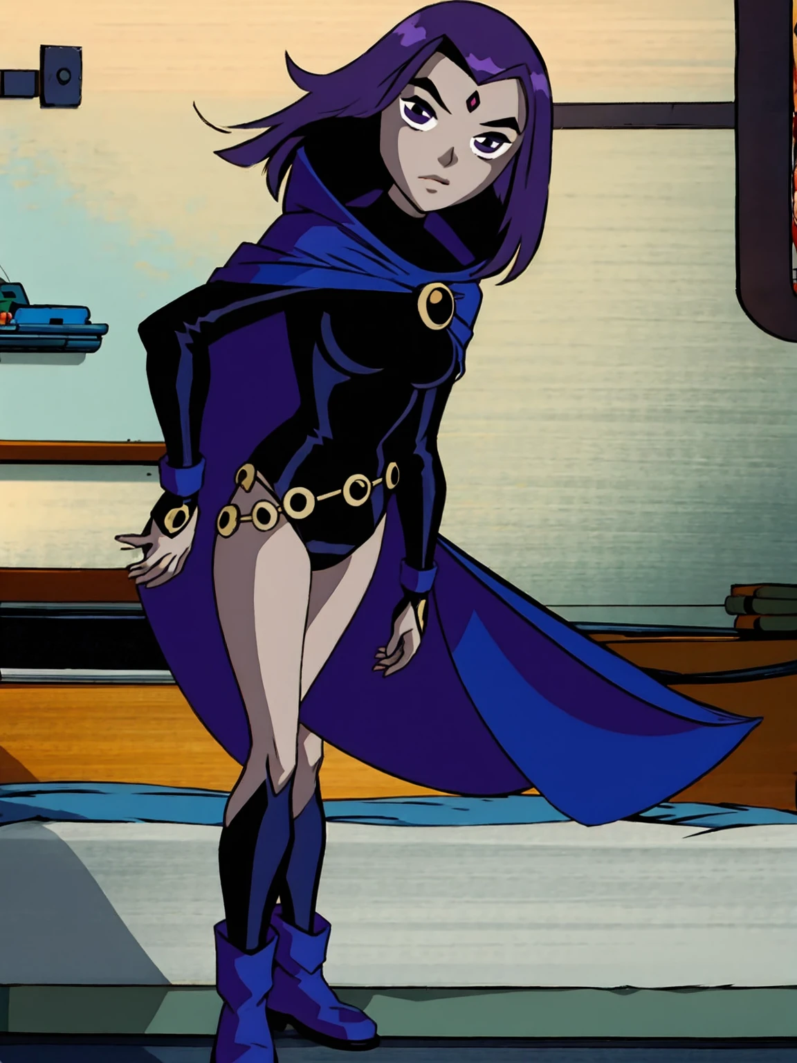 raventt, 1girl, solo, hood, grey skin, cape, purple hair, purple eyes, forehead jewel, short hair, leotard, looking at viewer, belt,boots