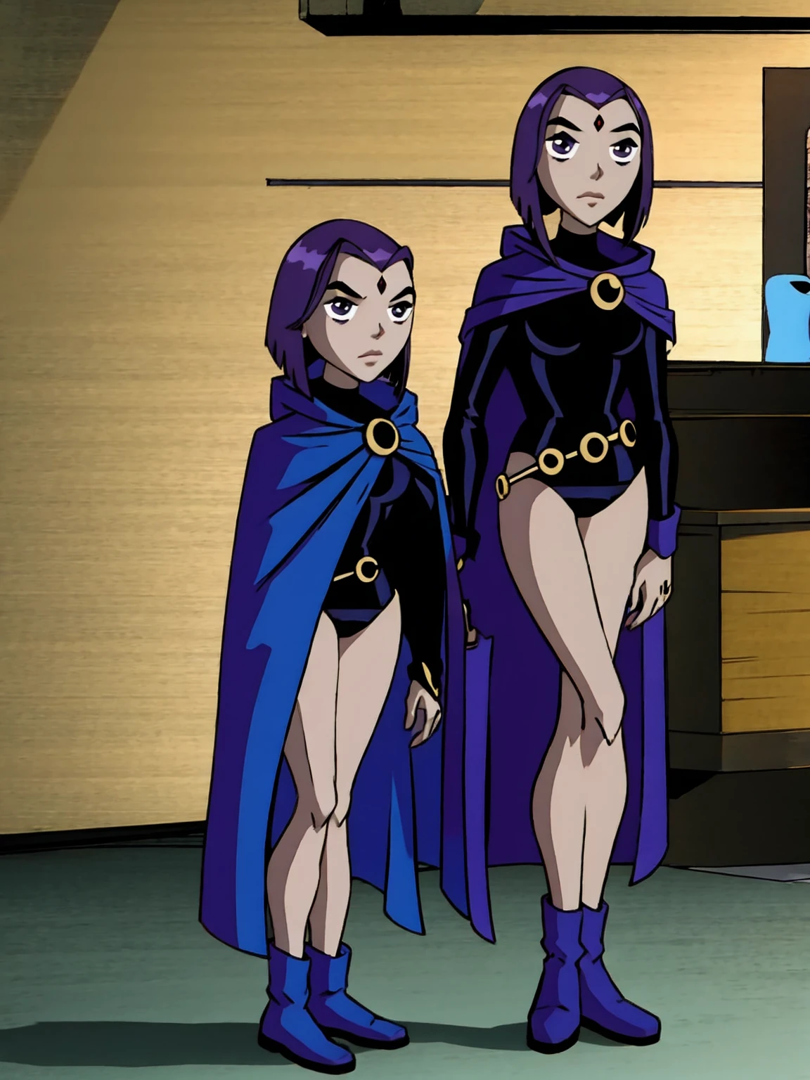 raventt, 1girl, solo, hood, grey skin, cape, purple hair, purple eyes, forehead jewel, short hair, leotard, looking at viewer, belt,boots