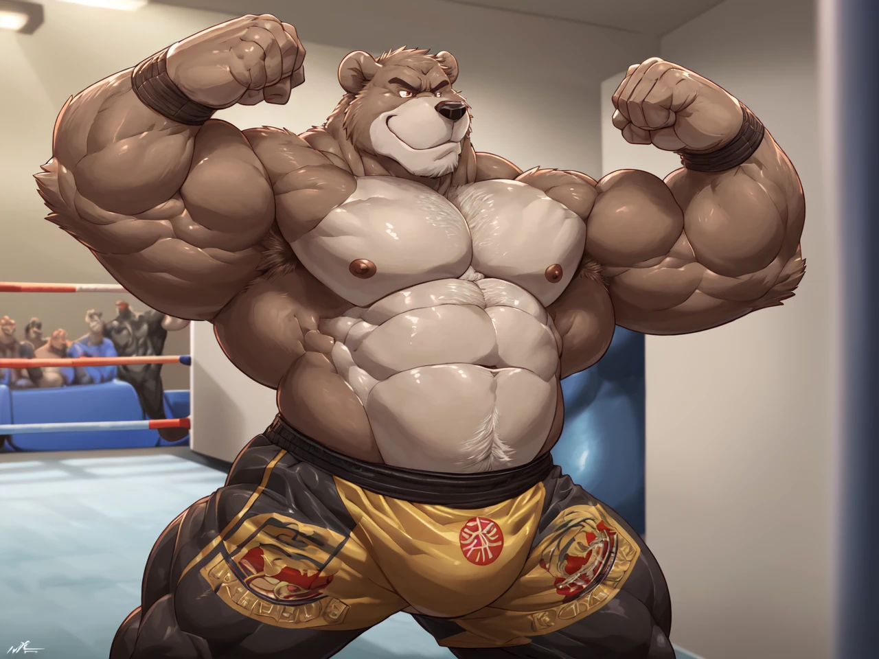 ((solo)), (anthro:1.2) bear (lora; baloo), adult, (athletic:1.4), (dense muscles), (super strong:1.4), (correct anatomy:1.2), (broad shoulders:1.2), (heavy build, massive body:1.6), (realistic fur, detailed brown fur texture:1.3), kickboxing martial arts tournament background (corner of the kickboxing MMA ring:1.6), photorealistic, (black compression shorts), (bare torso:1.4), (footwear:1.2), (detailed kickboxing martial arts black shorts), hyperrealistic, ultradetailed, (by wfa:1.2), (by takemoto_arashi, by vorusuarts, by Traver009:1, by grimfaust:1), natural lighting, (oiled up:1.4), ursine head (open eyes, brown mane), (sexy:1.2), ((serious smirk:1.4) expression), (flexing:1.4), (view from center:1.4)