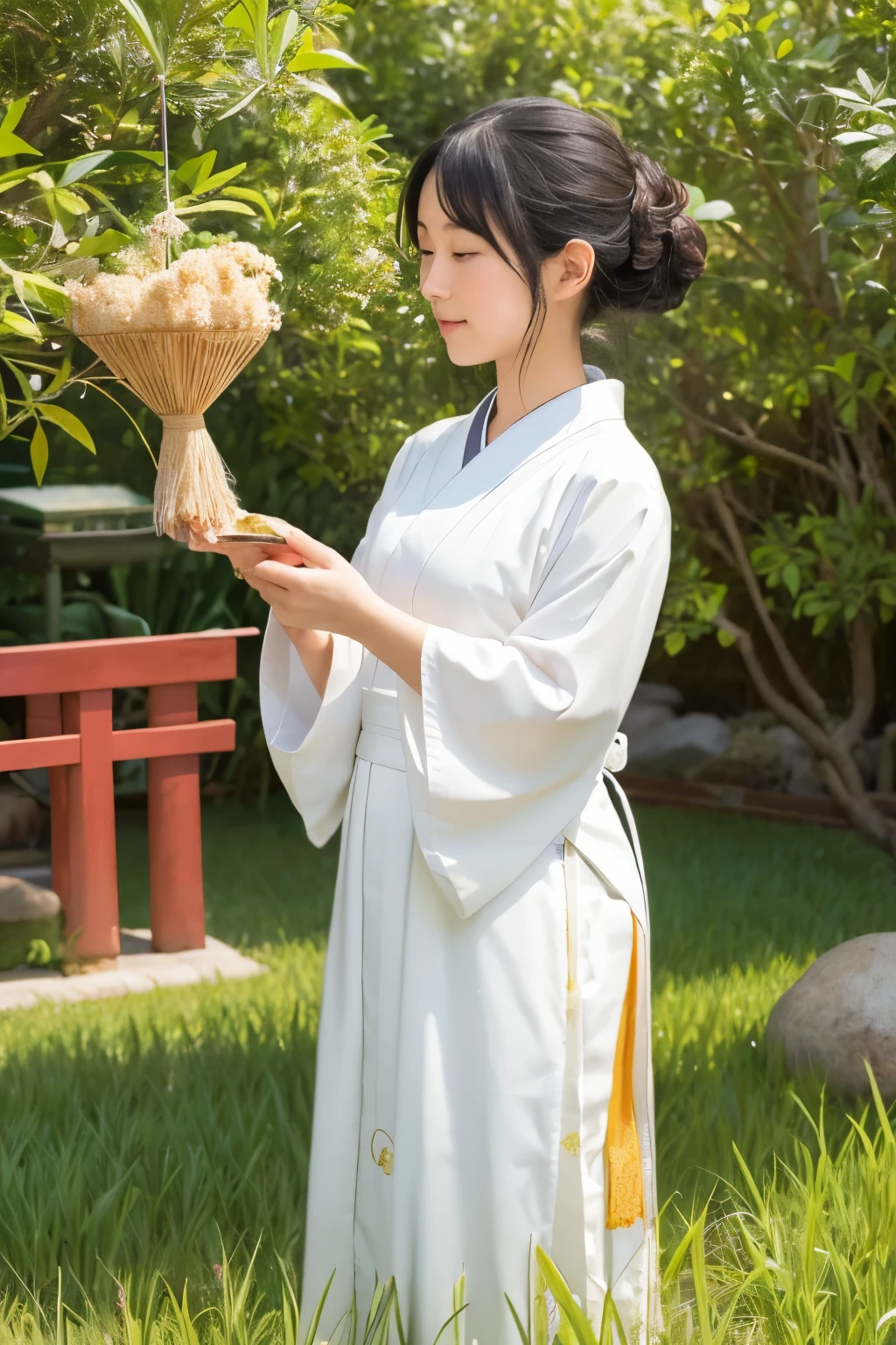 Create a detailed illustration of Uke Mochi no Kami, the Japanese goddess of food. She should be depicted as a nurturing and serene figure, embodying the essence of abundance and sustenance. Her attire should be traditional Japanese garments adorned with motifs of grains and crops, symbolizing her connection to agriculture and food. She should be surrounded by symbols of prosperity, such as rice stalks, wheat sheaves, and various fruits and vegetables.

The scene should capture her in a moment of divine creation, with food emerging from her body as described in the myth. Include elements like flowing streams, fertile fields, and a sacred aura to enhance the sense of abundance and divine blessing. The background could feature a lush, green landscape, perhaps with a traditional Japanese village or shrine in the distance. The overall atmosphere should be one of peace, prosperity, and the bountiful gifts of nature.

