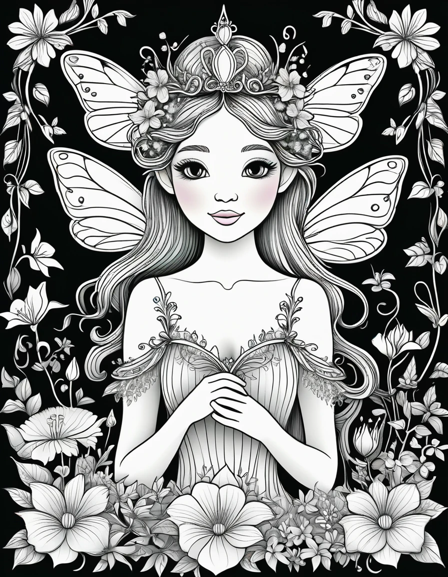 Create a series of black and white line drawings depicting A fairy queen wearing a crown of blooming flowers. Include elements such as delicate fairy wings, ethereal glow from magical plants, tiny fairy houses nestled among flowers, and intricate patterns of vines and leaves. The scenes should evoke a sense of enchantment and wonder, suitable for children's coloring books.