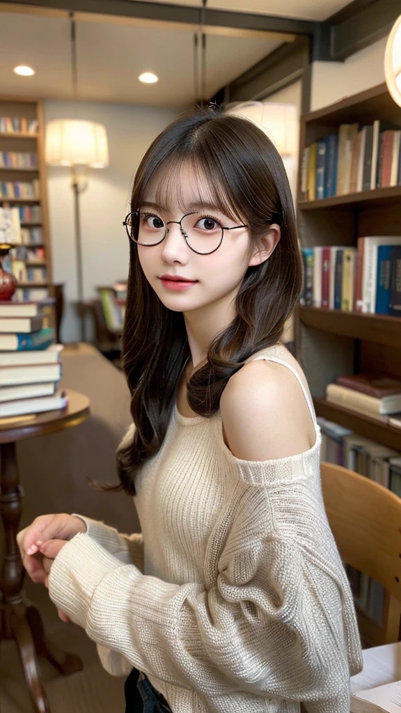 (. masterpiece, Highest quality, 8K, 1. Young Japanese Woman, Intellectual look, library, focusing, Surrounded by books, Glasses, Casual clothing, Natural hairstyle, Soft Light, Professional photography, Portraiture, Upper Body, Sophisticated, (Eye and facial details:1.2), Warm atmosphere