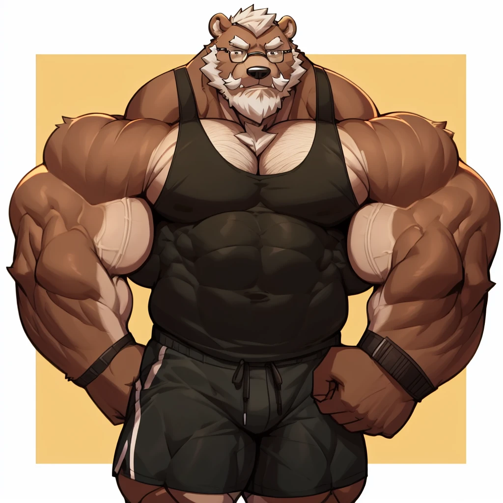 solo, 1boy, Huge Muscular Old Grizzly Bear wearing glasses , pectoral, huge pectoral, wide pectoral, short white hair, short pants and tank top , bearded, Mustache, simple background, masterpiece, high detailed, 8k, high resolution, at the gym, flexes huge muscles