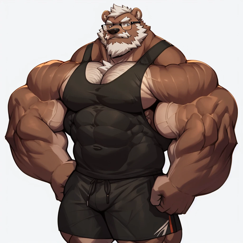solo, 1boy, Huge Muscular Old Grizzly Bear wearing glasses , pectoral, huge pectoral, wide pectoral, short white hair, short pants and tank top , bearded, Mustache, simple background, masterpiece, high detailed, 8k, high resolution, at the gym, flexes huge muscles