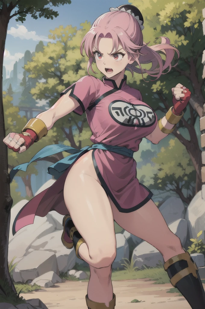 maam,big breasts,beautifuleyes,narrow waist,realistic,solo,outdoor,forest, martialMaam,pink hair,hair bun,long hair,china dress,short sleeves,sash,fingerless gloves,beautiful legs, clenched fists, (action pose,:1.1), (masterpiece, best quality:1.1), (open mouth, clenched fist, action pose,:1.1), fight the Goblins, maam, dragon quest,