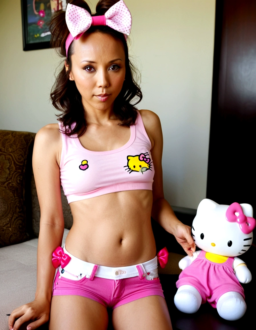 A cute woman (Lexa Doig (age 25), pink micro shorts (belly button exposed, labia well defined), micro pink 'Hello Kitty' tank top (under boob), pink bows in hair) has come over to babysit, book bag, cell phone, living room, bored look chewing bubble gum
