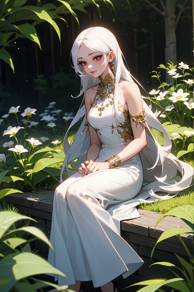 An adult woman with white eyelashes, Red eyes, long white hair, She is covered in jewels and a white dress, is beautiful, she is sitting in a garden