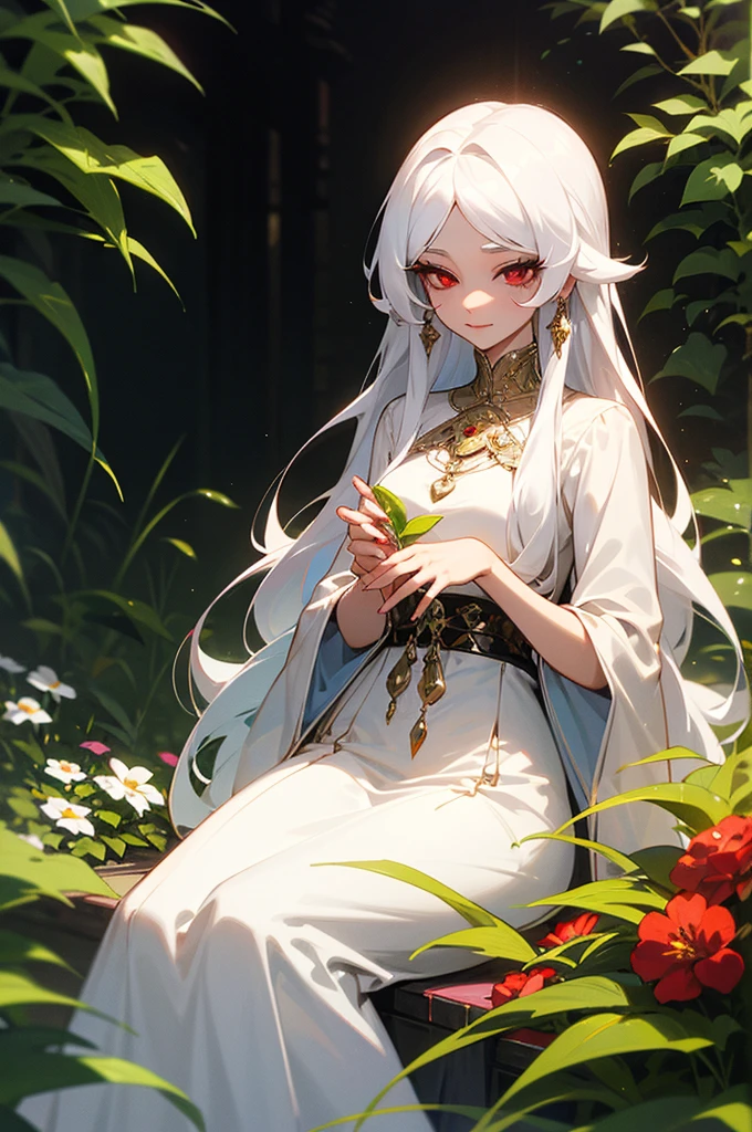An adult woman with white eyelashes, Red eyes, long white hair, She is covered in jewels and a white dress, is beautiful, she is sitting in a garden