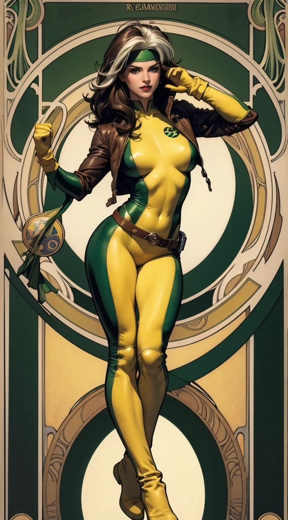 (masterpiece:1.0), (best_quality:1.2), Classic Rogue, 1991 Rogue X-Men, 1 girl, Only 1, full body view, medium length hair, brown hair, wavy hair, messy hair, one lock of white hair, green eyes, mischievous look, smirking, fit figure, curvy figure, medium breasts, lipstick, makeup, jacket, green headband, belt, yellow gloves, skin tight bodysuit, open jacket, light source from above, (realism: 1.5), (Realistic: 1.4), (Absurdity:1.4), 8k, ultra-detailed, Detailed Beautiful Woman, (Art Nouveau style), influence by John William Waterhouse and Alphons Mucha, circles, banners, background colors: green, gold, yellow, white, beige