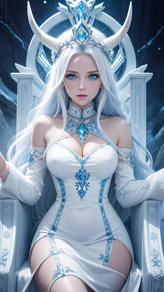 Best quality, cinematic image, detailed image, fantasy, detailed face, detailed beautiful blue eyes, ice goddess, Queen of Winter, horns, Throne room, everything is in ice, белая кожа, Very long white hair, bodycon white dress, Beautiful woman, high, cold look