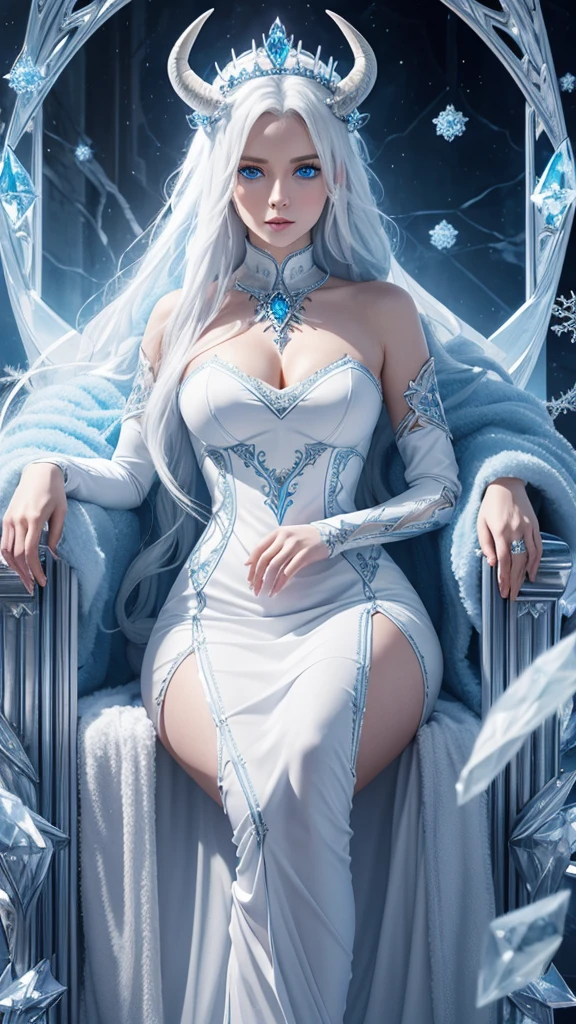 Best quality, cinematic image, detailed image, fantasy, detailed face, detailed beautiful blue eyes, ice goddess, Queen of Winter, horns, Throne room, everything is in ice, белая кожа, Very long white hair, bodycon white dress, Beautiful woman, high, cold look