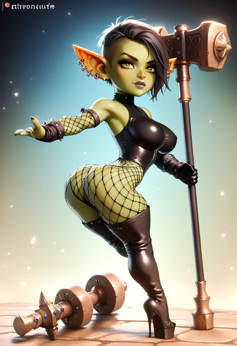 Girl, goblin girl, goblin, green skin, short, short stature,short hair, black hair, large , miniskirt, latex, long gloves, thigh boots, goth, pouty lips, masterpiece, best quality, sexy, dmic pose, 8k, shortstack, bubble butt, sfw,ny, fantasy, dungeons and dragons, high heels, fishnets, holding large hammer, dark green skin, adventurer, pose leaning against large hammer, barbarian