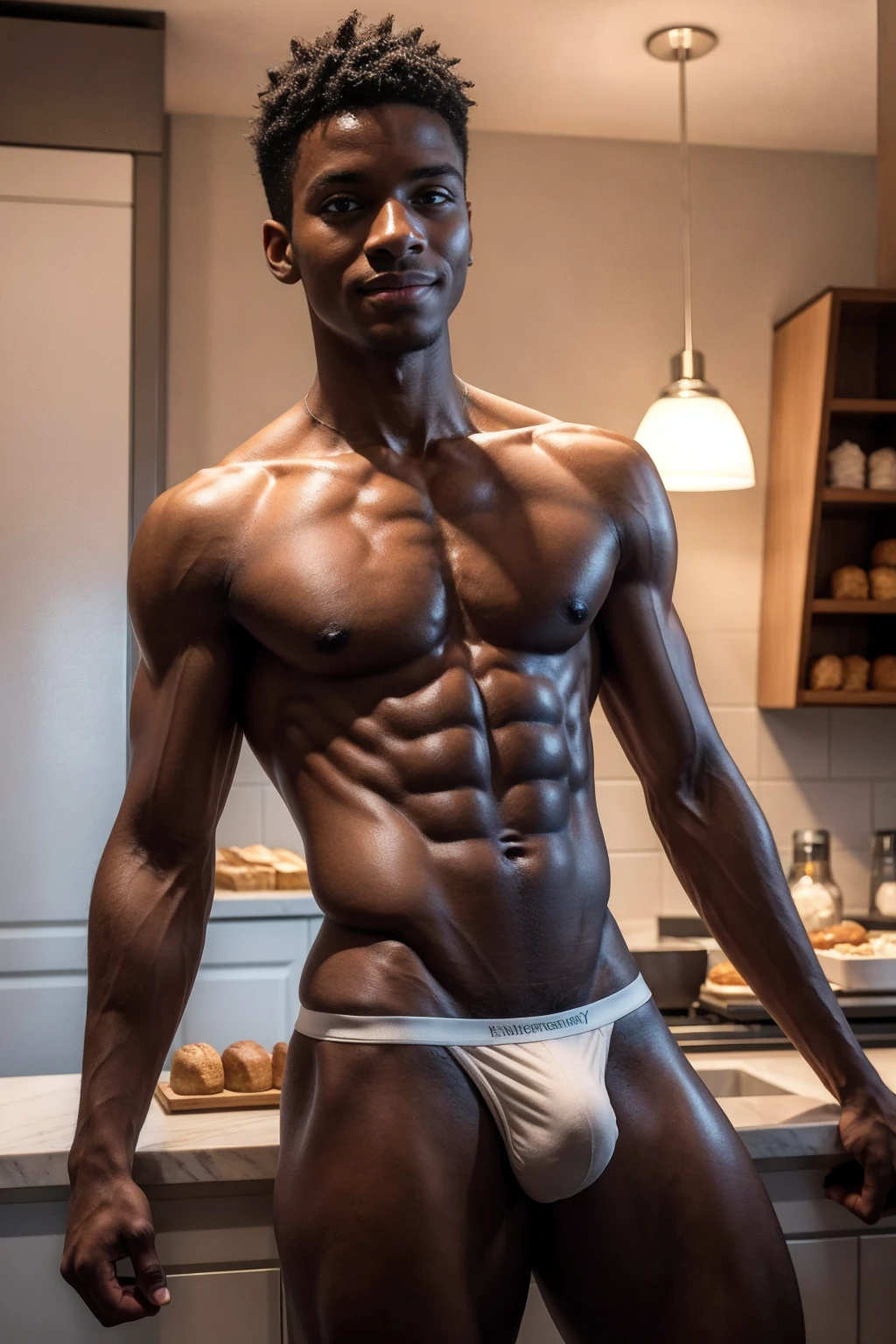 1boy, (Blue Eyes), happy smile,American boy,,young, slim body, slender, skinny body build, child-like,Handsome sexy black man, perfect body, male body aesthetics, skin texture, chocolatier, strip, preparing chocolate dessert, warm atmosphere of a home bakery, gtperrealism, photorealism, masterpiece,wearing rainbow colors micro thong with medium bulge,dark skin, skinny, good lighting, very dark skin, light skin, model with attractive body,small bulge and small butts,(Best quality, 8k, Masterpiece). High Detail , superior quality, natural lighting, beautiful, sexy, correct anatomy, good composition,realistic shapes, realistic skin tones,Natural eyes,realistic eyes,looking up at viewer,vpl,realistic muscles,Realistic wrinkles on the skin,Realistic arms and legs,Realistic face,realistic hair,Make a sexy and seductive face,, Clear Focus: 1.2, Perfect Body virile: 1.4 , Slender Abs: 1.2, Highly detailed face and skin texture, detailed eyes, double eyelids, big upper lip, man focus,amazing composition, front view, HDR, volumetric lighting, ultra quality, elegant,Post a erotic photoshoot,Realistic pose,detailed hair,full body,Fujifilm XT3 photorealistic art by midjourney