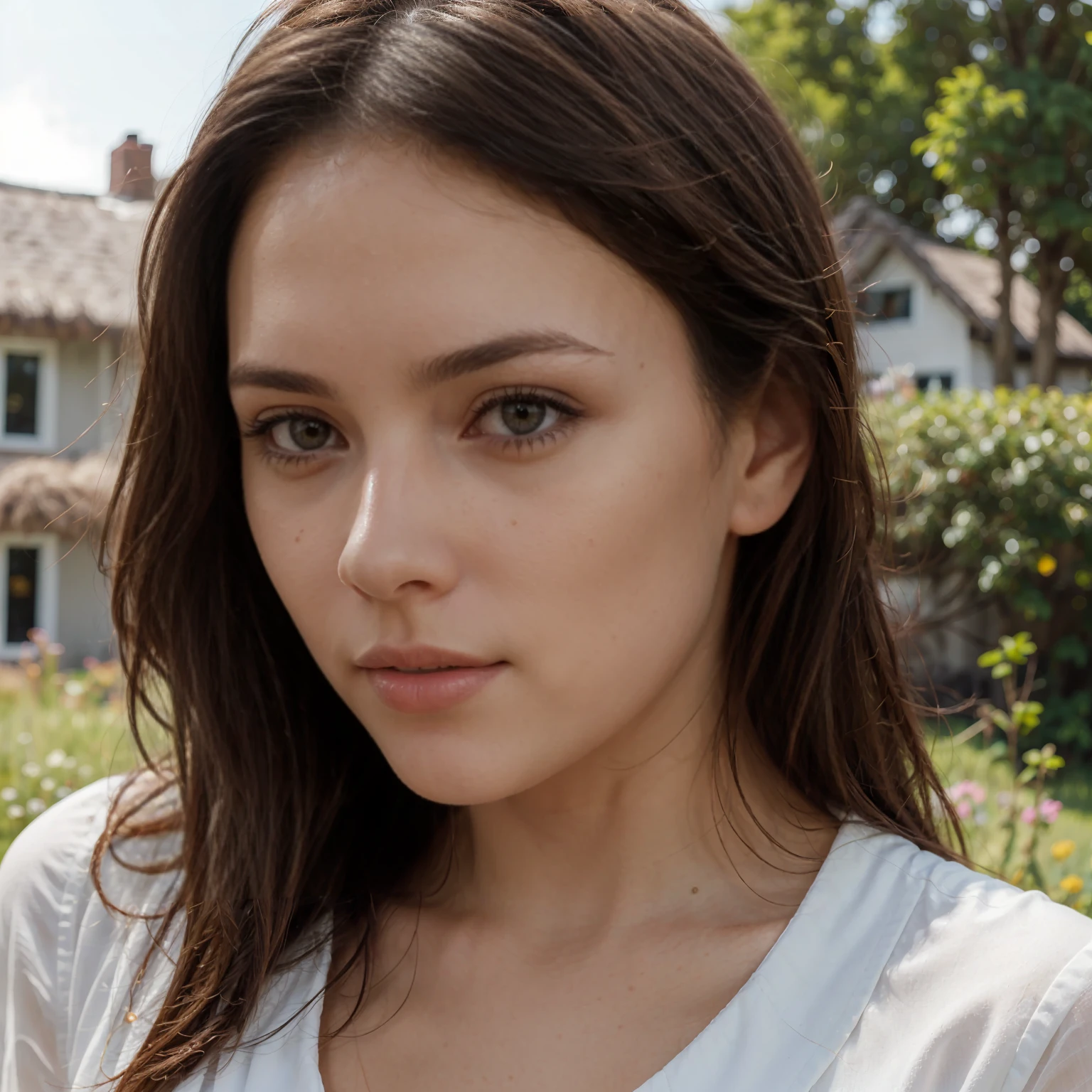 a beautiful woman, woman with beautiful summer dress, woman with light filtering through her hair, woman standing in front of a cottage, high quality, realistic, photorealistic, detailed, detailed facial features, detailed eyes, detailed lips, detailed skin, intricate details, warm lighting, natural lighting, natural colors, vibrant colors, cinematic, portrait, soft focus, depth of field
