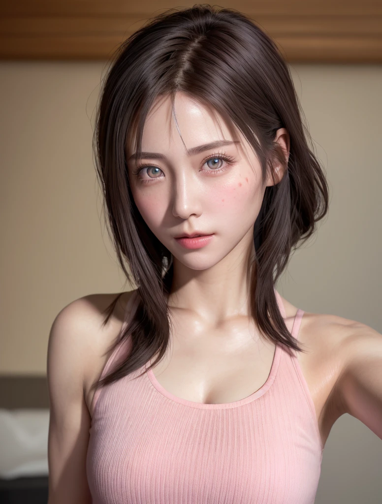 8K, Best Quality, masutepiece, Ultra High Resolution, (Realism: 1.4), Original photo, (Realistic skin texture: 1.3), (Film grain: 1.3), (Selfie angle), 1 girl, Pink clothes, Sapphire eyes and beautiful facial details, masutepiece, Best Quality, close-up, Upper body top quality image quality pull-up