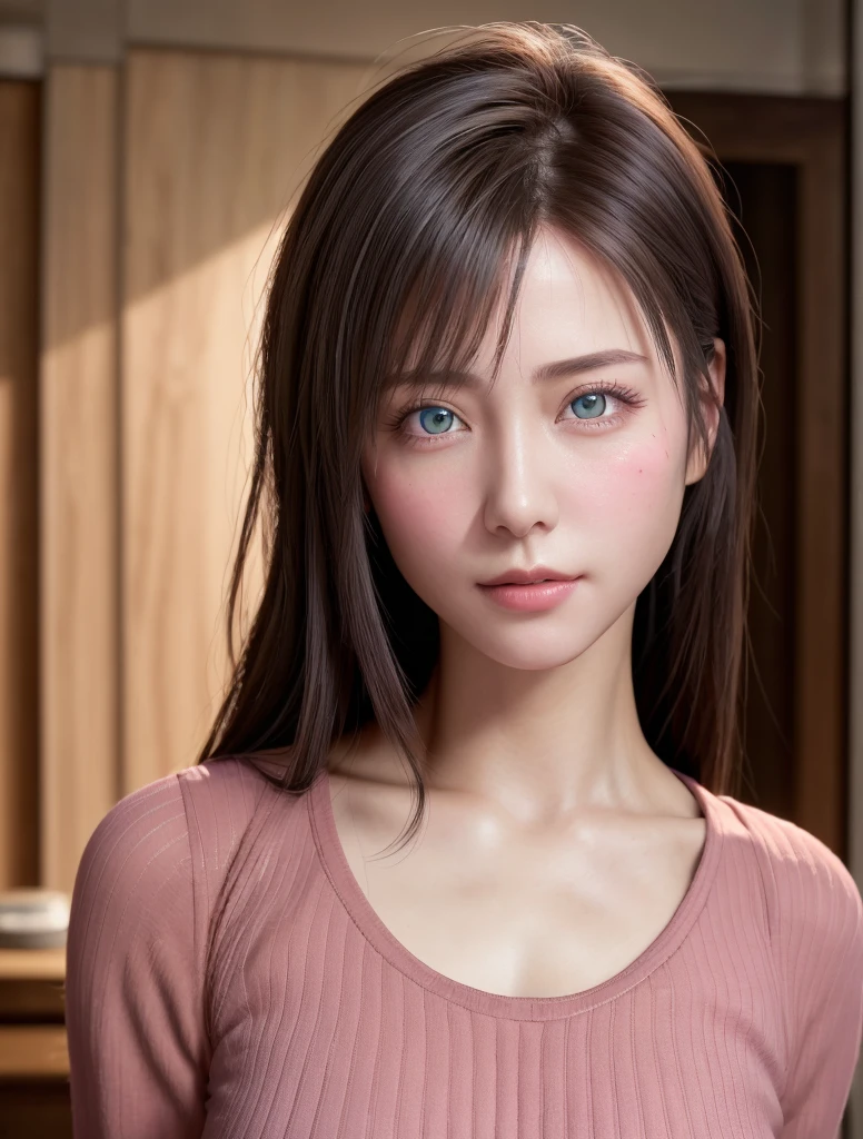 8K, Best Quality, masutepiece, Ultra High Resolution, (Realism: 1.4), Original photo, (Realistic skin texture: 1.3), (Film grain: 1.3), (Selfie angle), 1 girl, Pink clothes, Sapphire eyes and beautiful facial details, masutepiece, Best Quality, close-up, Upper body top quality image quality pull-up