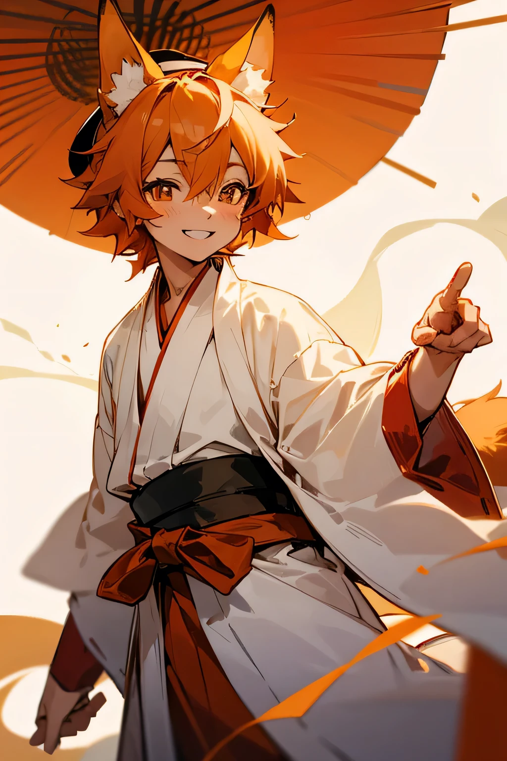 A Foxboy With Light Skin And cinnamon Colored Fox Ears, Hair and Tail with a happy smile on his face, wearing a traditional japanese robe and hat, his ears pointing down due to the hats size.
