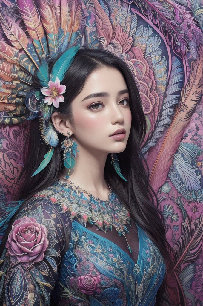 (masterpiece, top quality, best quality, official art, beautiful and aesthetic:1.2), (1girl:1.3), extremely detailed,(Fractal Art:1.1),(colorful:1.1)(flowers:1.3),highest detailed,(zentangle:1.2), full body, (abstract background:1.3), (shiny skin), (many colors:1.4), ,(earrings), (feathers:1.5),blue,rose,Serious look
